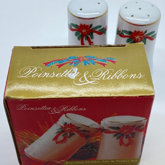 Tienshan/Fairfield Poinsettia & Ribbons Salt Pepper Shakers Festive Holiday - Picture 6 of 8
